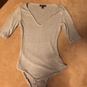 Topshop Grey Ribbed V-Neck Body Suit w Fasteners